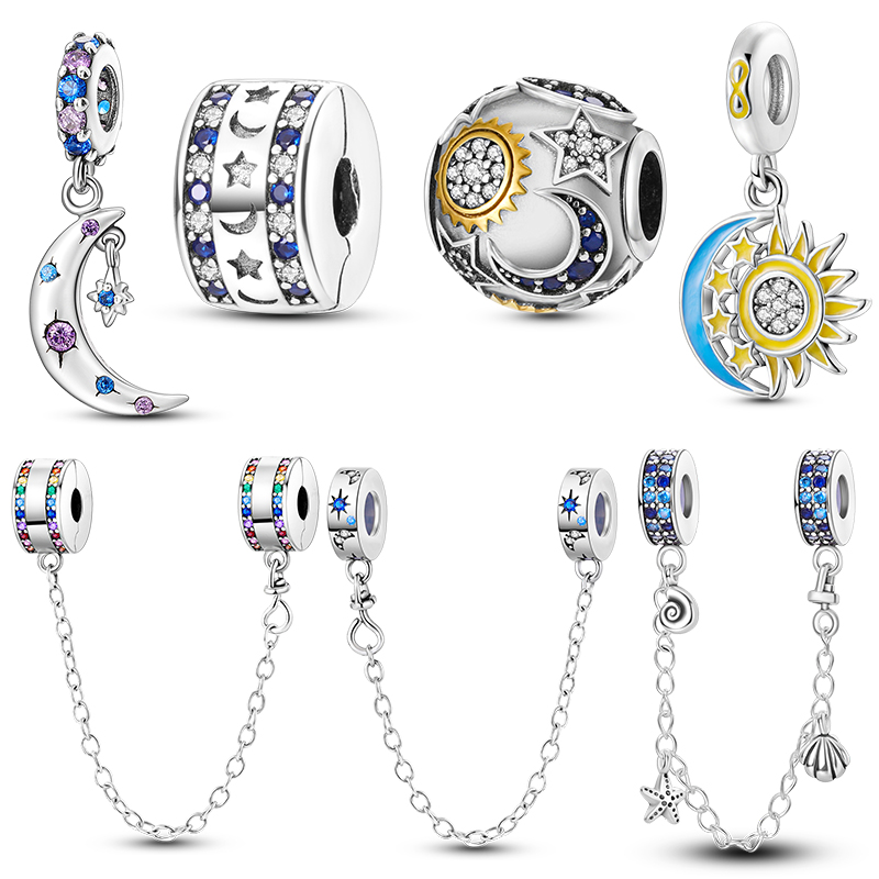 Women Accessories Pandora - Silver Moon Stars Dangle Charms Beads