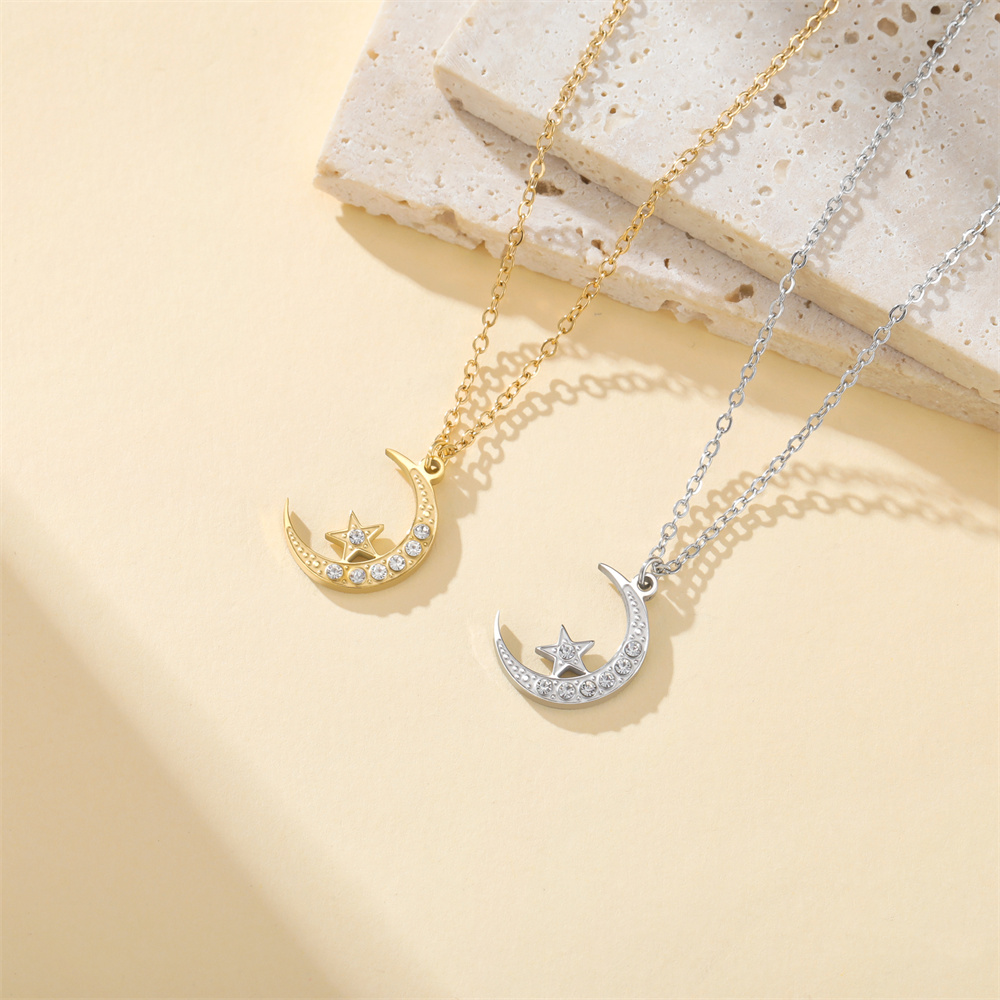 Charm Necklace Dainty - Moon and Star Rhinestone Pendant Necklace